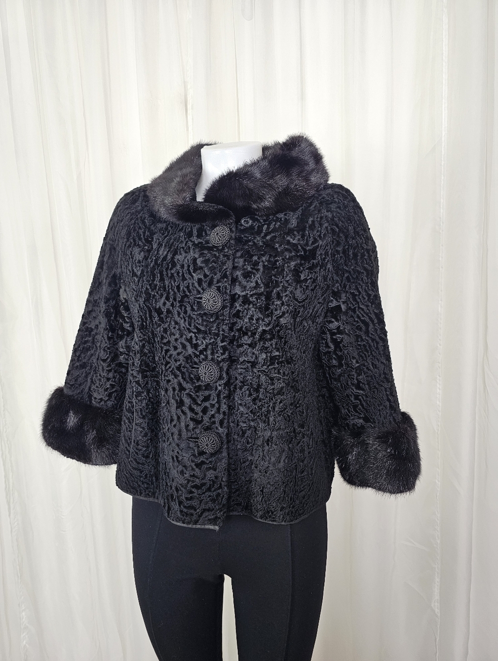 Rare 1960s Noir Luxe Black Persian Lamb & Mink Fur Jacket Medium